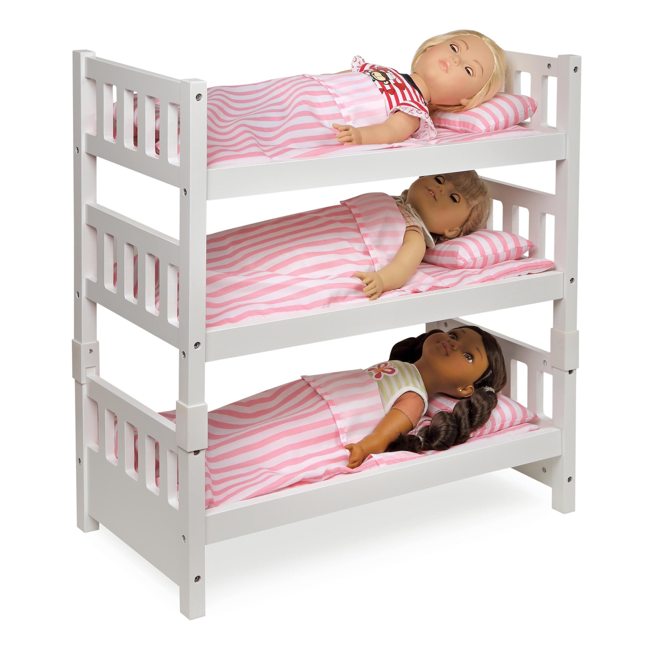 1-2-3 Convertible Doll Bunk Bed with Bedding and Free Personalization Kit - Pink/Stripe