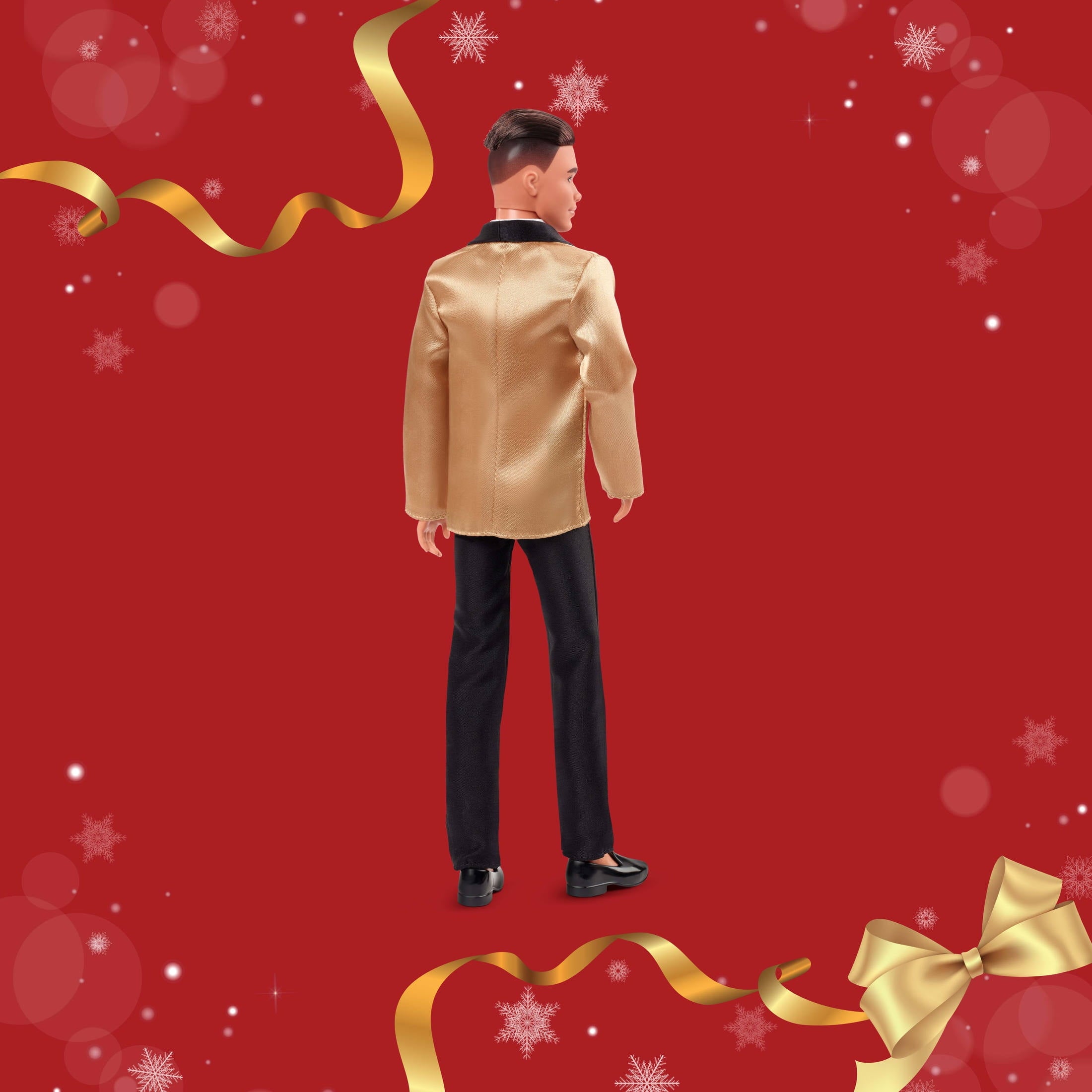 Barbie Signature 2025 Holiday Light Brown Hair Ken Collectible Fashion Doll wearing Full Suit with Golden Jacket