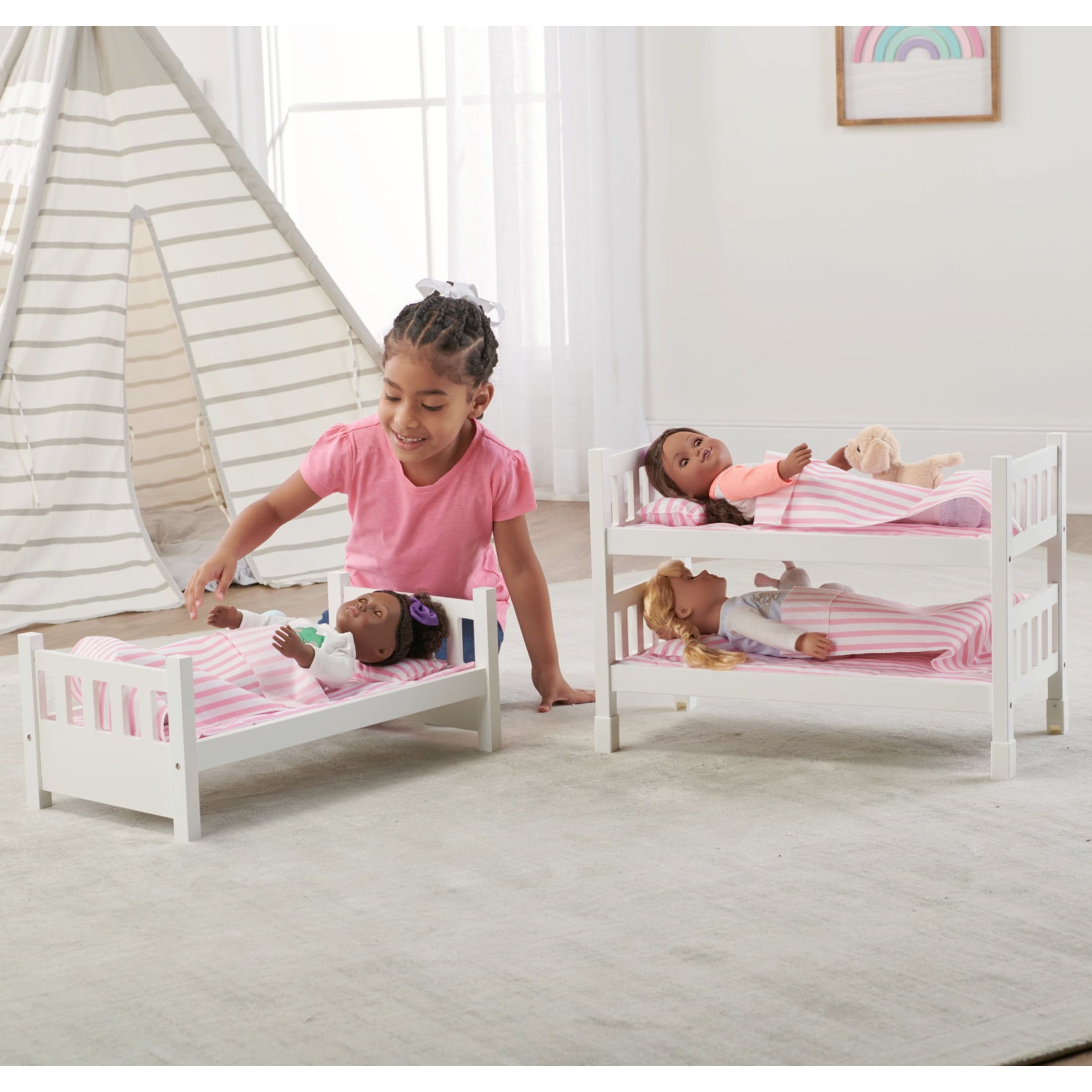 1-2-3 Convertible Doll Bunk Bed with Bedding and Free Personalization Kit - Pink/Stripe