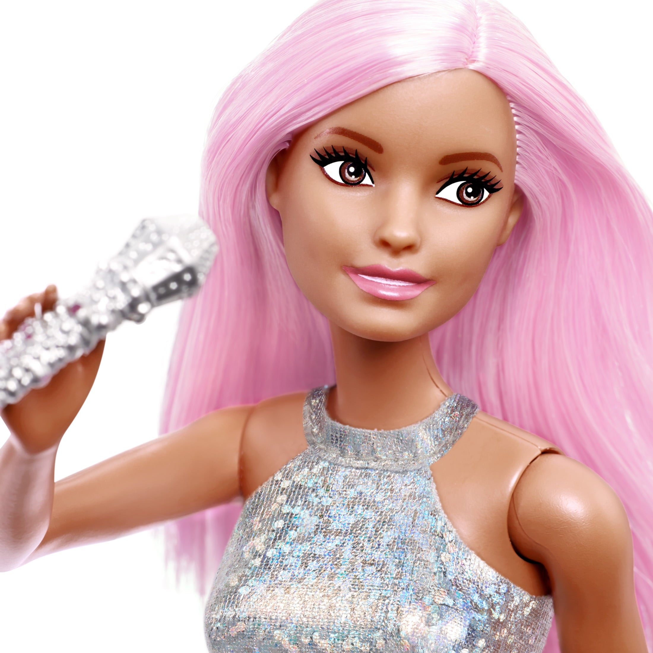 Barbie Pop Star Doll Dressed In Iridescent Skirt with Microphone and Long Pink Hair