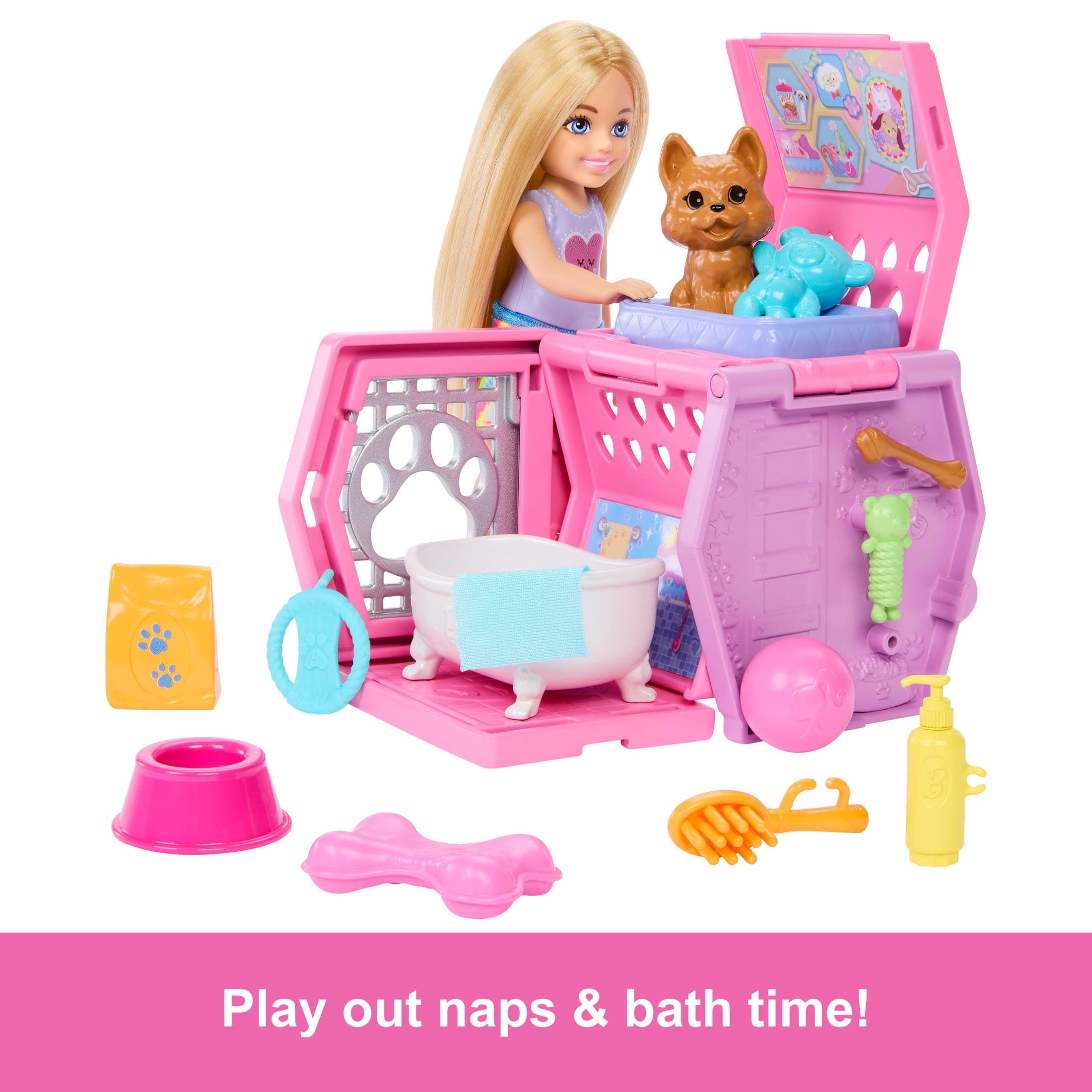 Barbie Chelsea Puppy Carrier Playset, Small Doll and Dog Carrier with Puppy Accessories