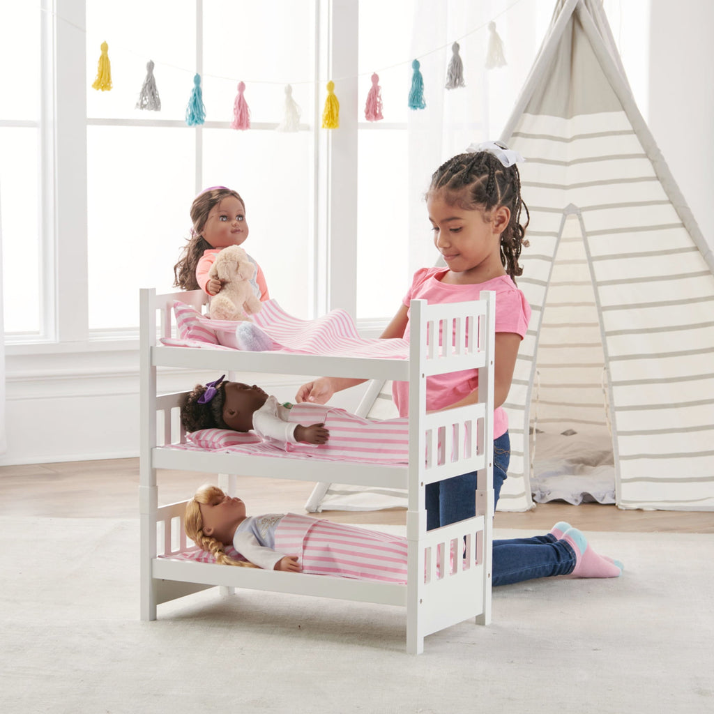 1-2-3 Convertible Doll Bunk Bed with Bedding and Free Personalization Kit - Pink/Stripe