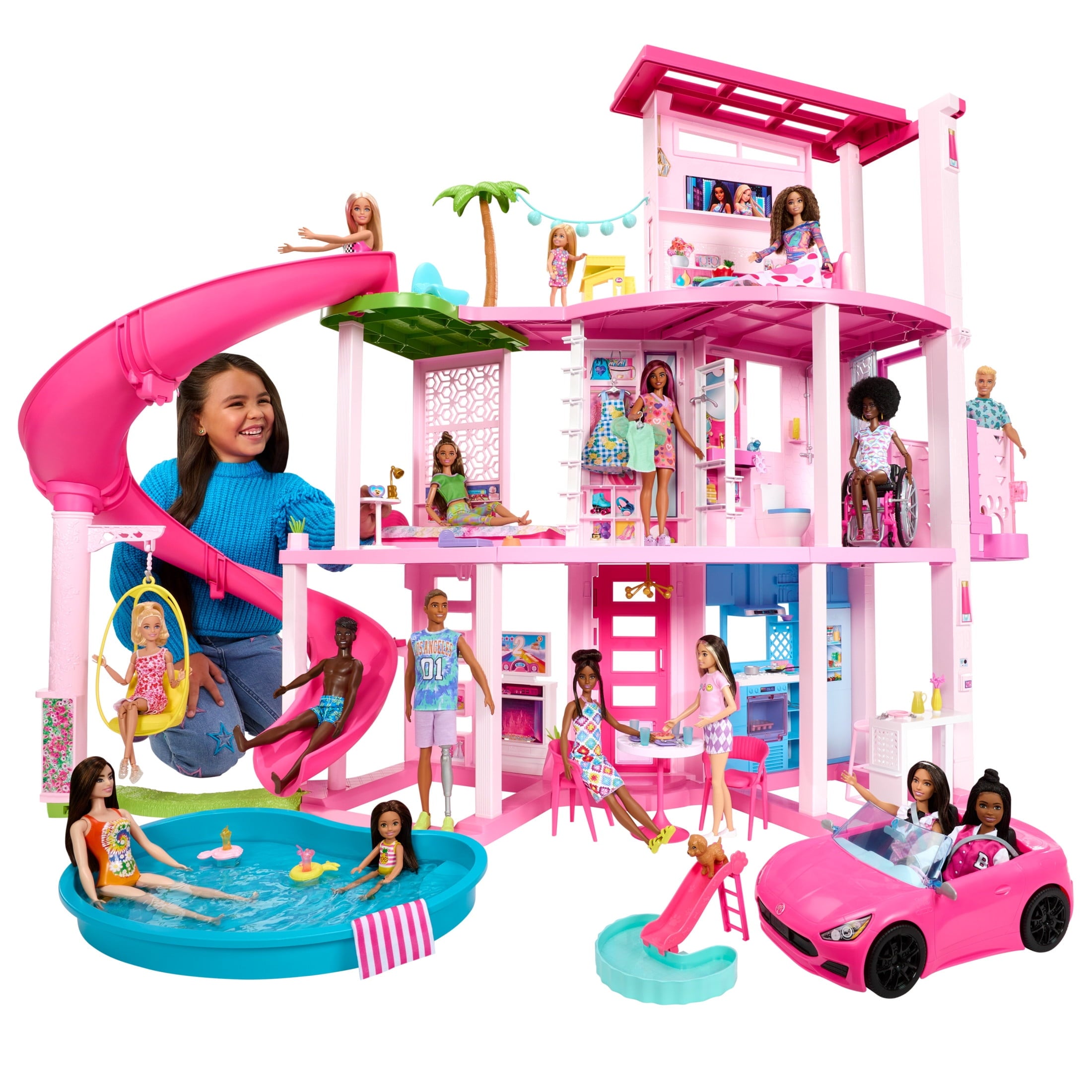 Barbie Dreamhouse Pool Party Doll House and Playset with 75+ Pieces, 45 in, Slide & Puppy Elevator