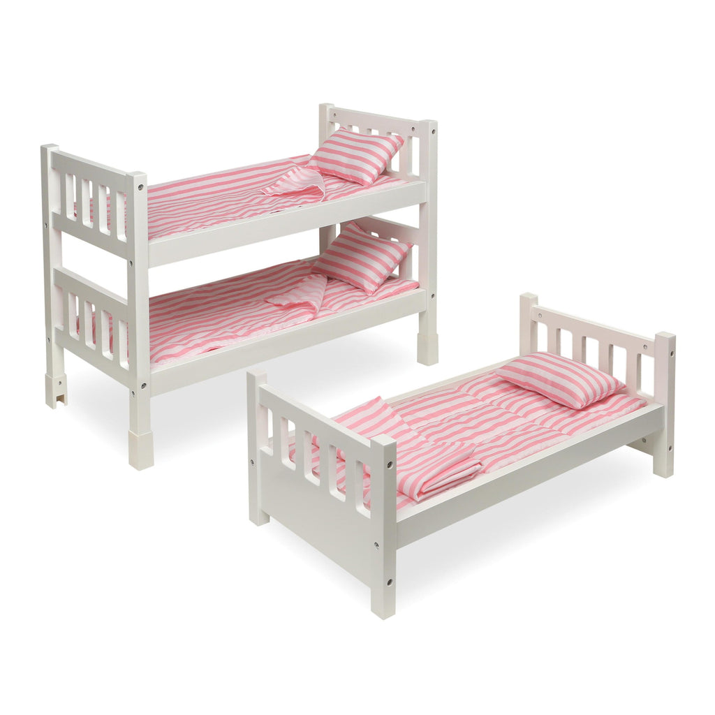 1-2-3 Convertible Doll Bunk Bed with Bedding and Free Personalization Kit - Pink/Stripe
