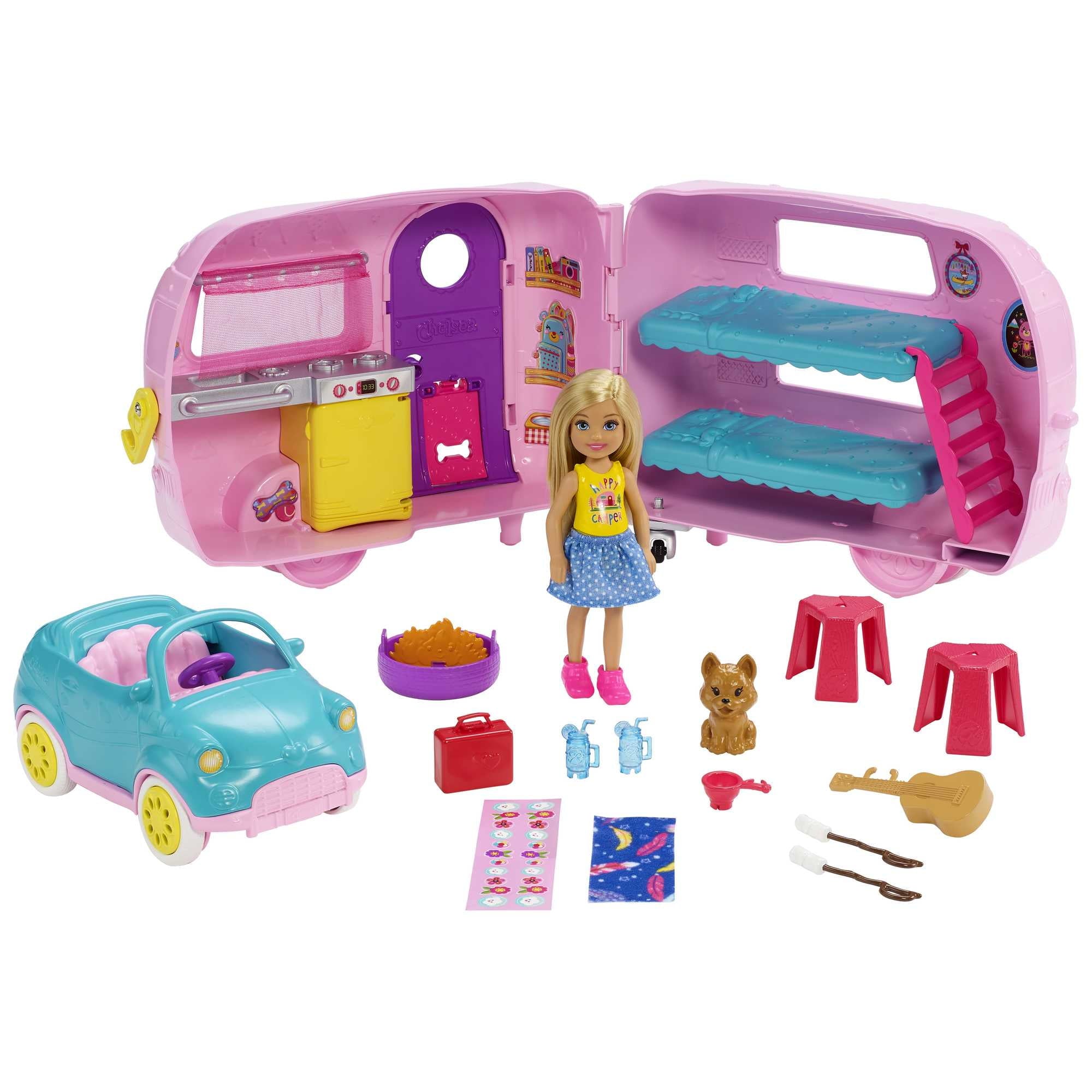 Barbie Club Chelsea Pink Camper Playset, Blonde Small Doll, Pet, Car & 10+ Accessories, Toy for 3 Years and Up