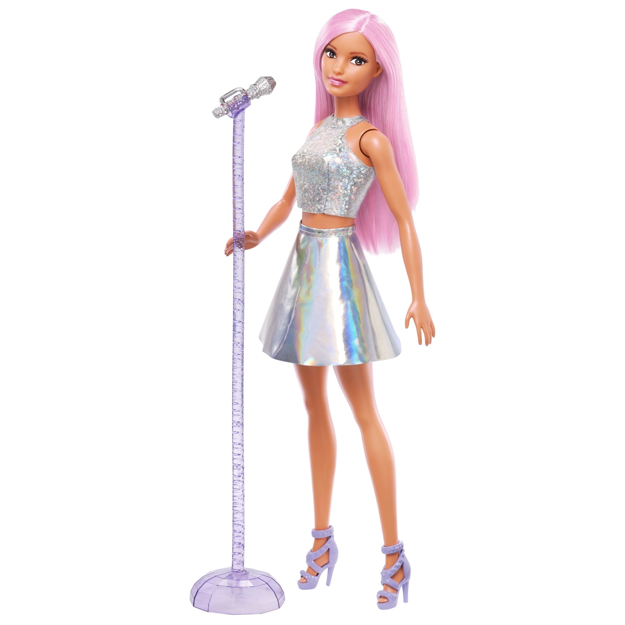 Barbie Pop Star Doll Dressed In Iridescent Skirt with Microphone and Long Pink Hair