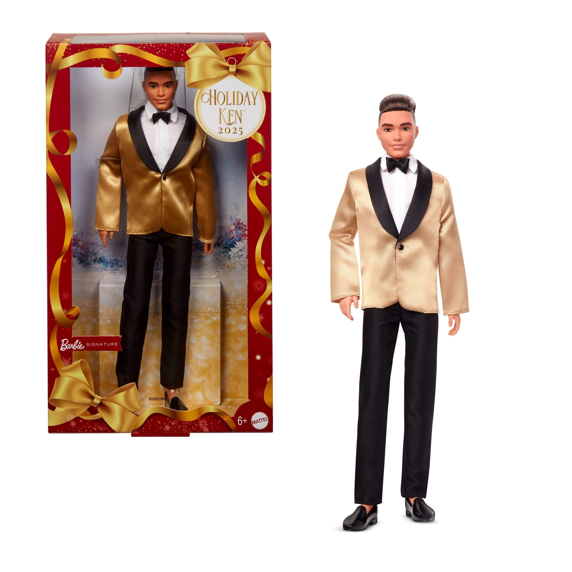 Barbie Signature 2025 Holiday Light Brown Hair Ken Collectible Fashion Doll wearing Full Suit with Golden Jacket