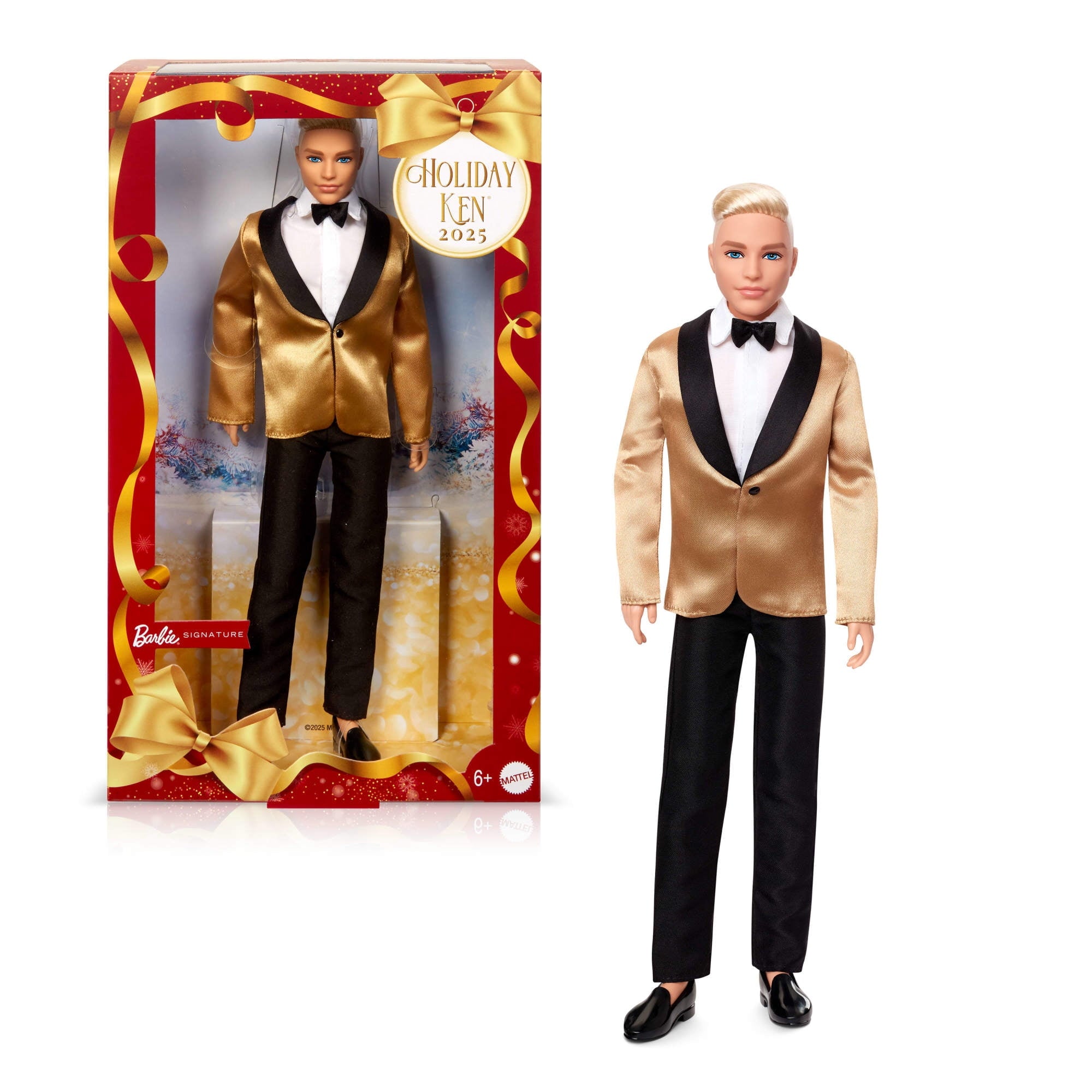 Barbie Signature 2025 Holiday Blonde Ken Collectible Fashion Doll wearing Full Suit with Golden Jacket
