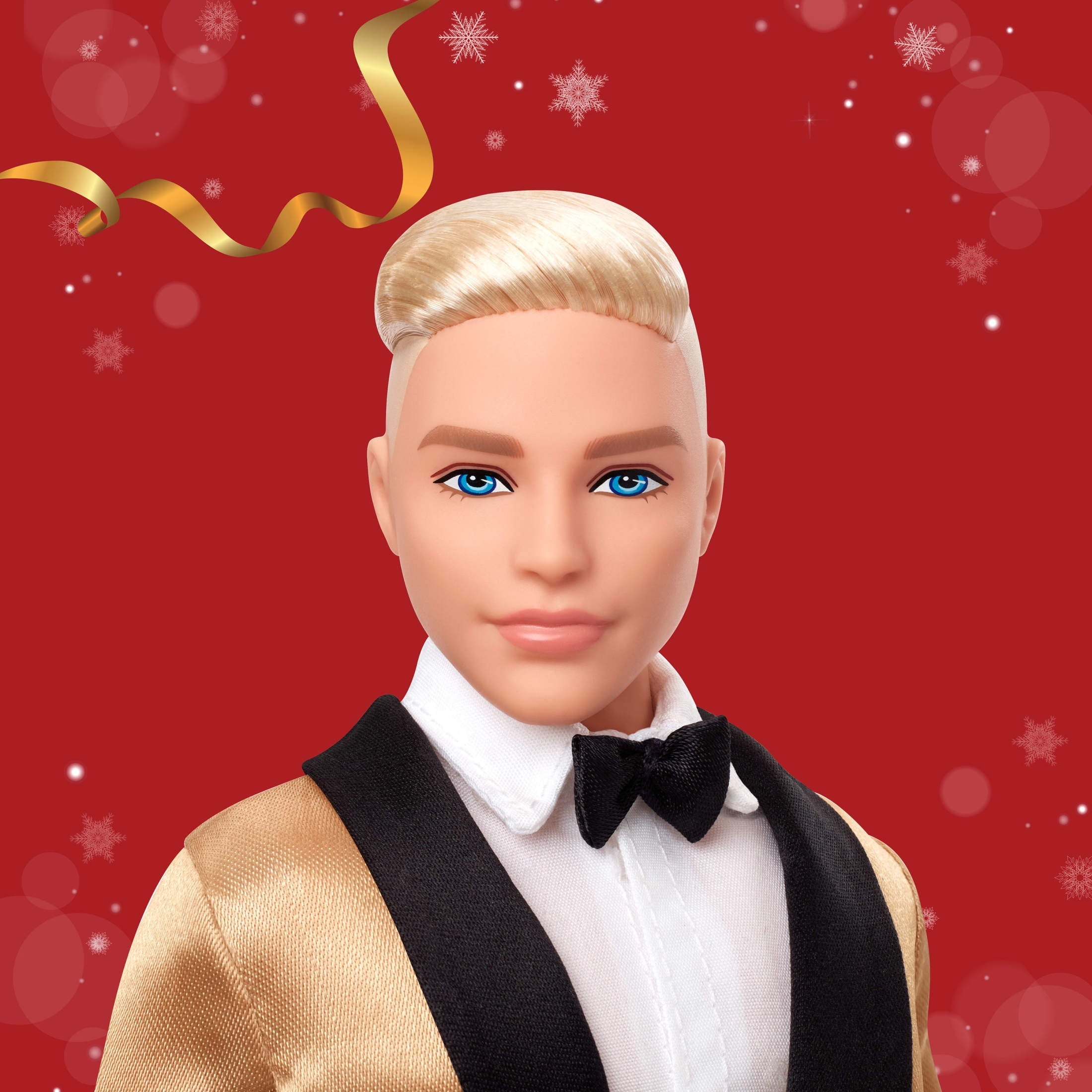Barbie Signature 2025 Holiday Blonde Ken Collectible Fashion Doll wearing Full Suit with Golden Jacket