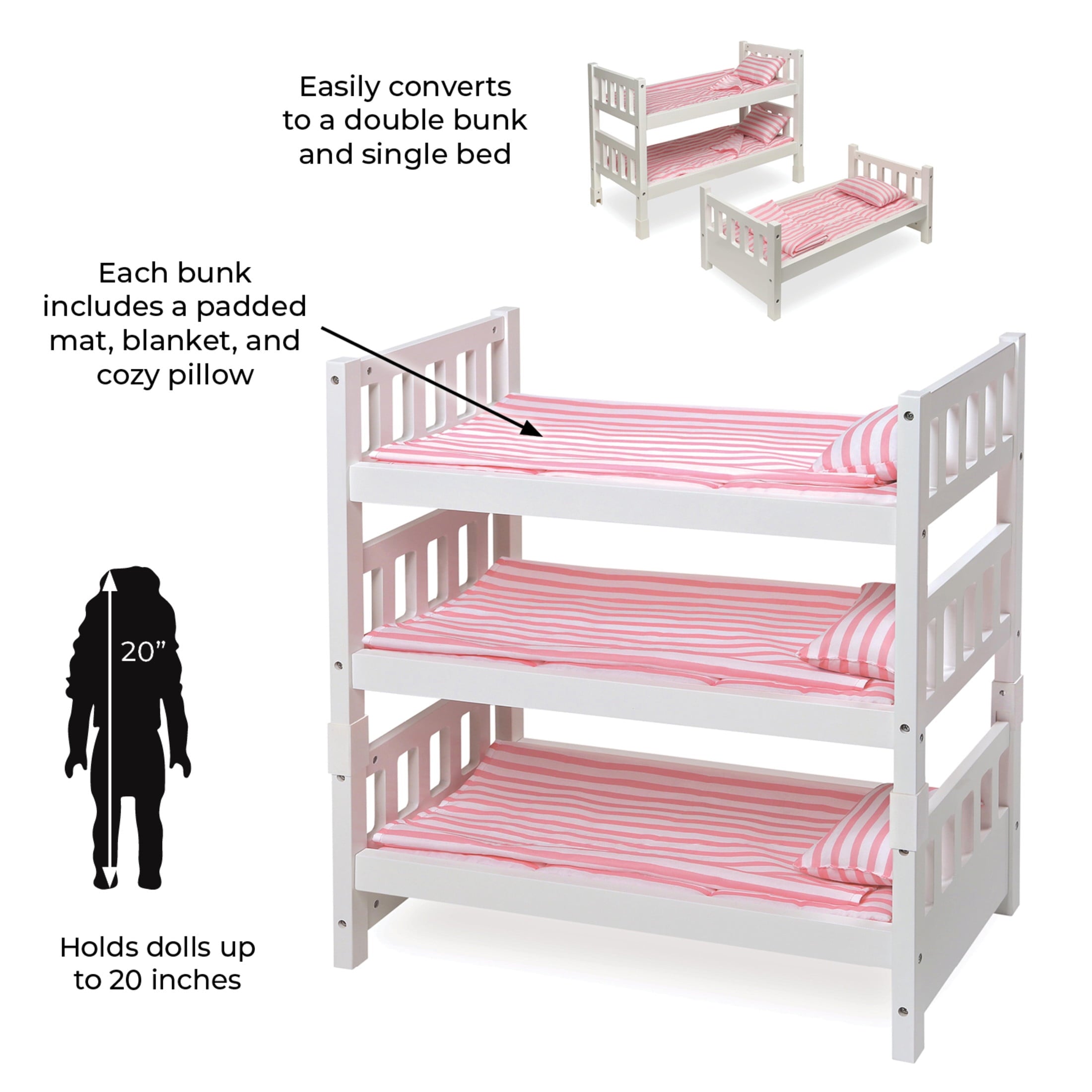 1-2-3 Convertible Doll Bunk Bed with Bedding and Free Personalization Kit - Pink/Stripe