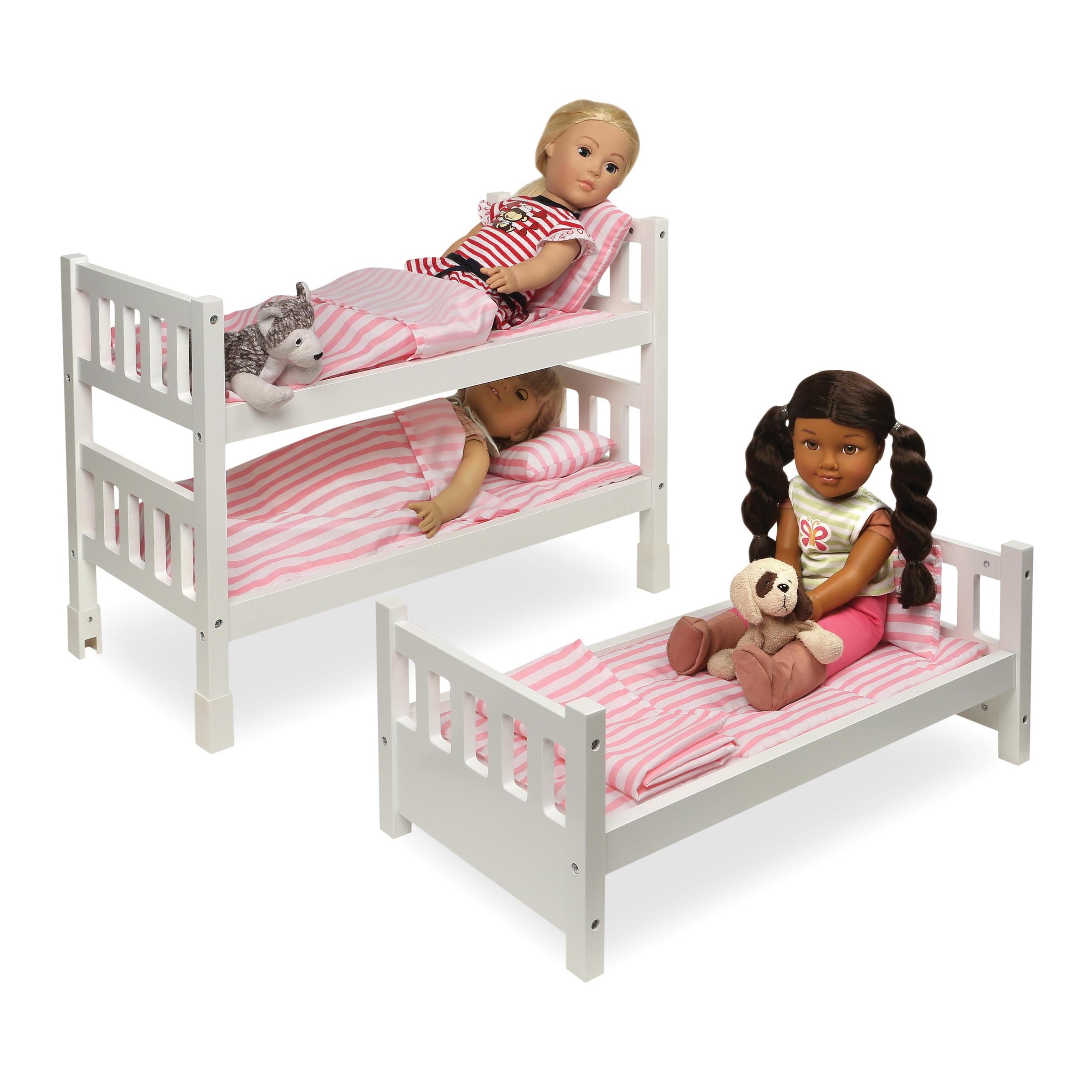 1-2-3 Convertible Doll Bunk Bed with Bedding and Free Personalization Kit - Pink/Stripe